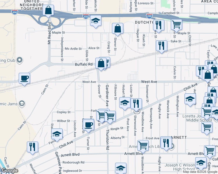 map of restaurants, bars, coffee shops, grocery stores, and more near 40 Gardiner Avenue in Rochester