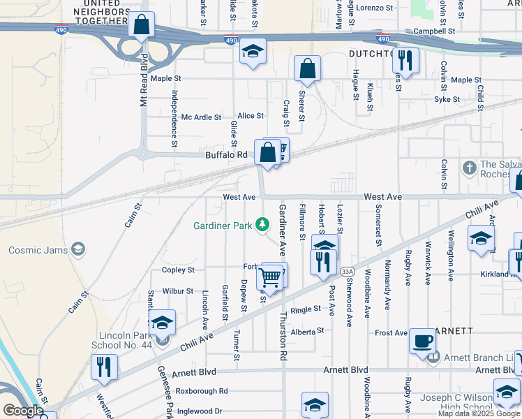 map of restaurants, bars, coffee shops, grocery stores, and more near 46 Grover Street in Rochester