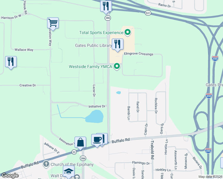 map of restaurants, bars, coffee shops, grocery stores, and more near 944 Elmgrove Road in Rochester