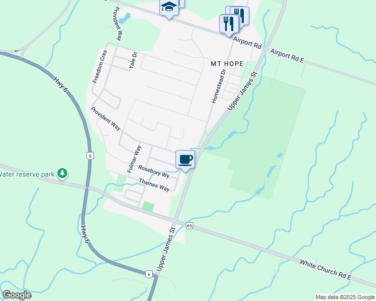 map of restaurants, bars, coffee shops, grocery stores, and more near 3 Thames Way in Hamilton