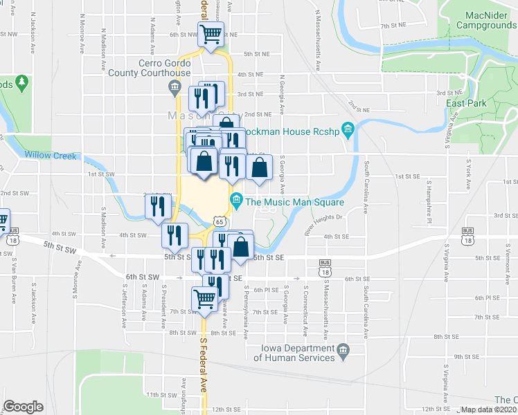 map of restaurants, bars, coffee shops, grocery stores, and more near 325 South Pennsylvania Avenue in Mason City