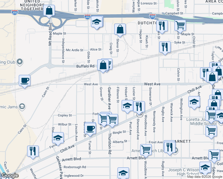 map of restaurants, bars, coffee shops, grocery stores, and more near 40 Gardiner Avenue in Rochester