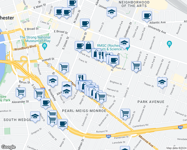 map of restaurants, bars, coffee shops, grocery stores, and more near 240 Meigs Street in Rochester