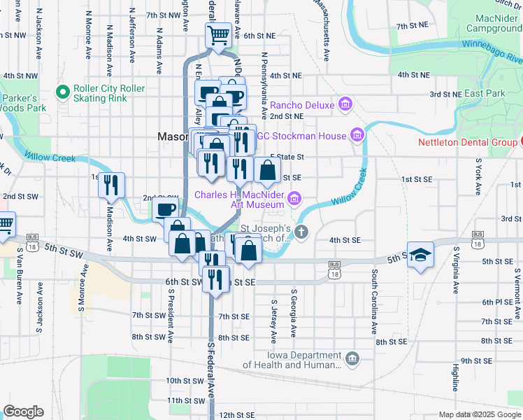 map of restaurants, bars, coffee shops, grocery stores, and more near in Mason City