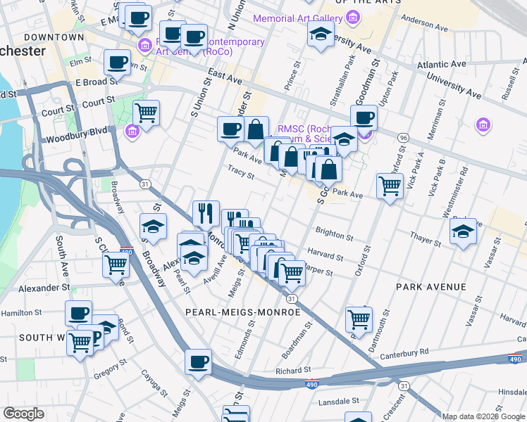 map of restaurants, bars, coffee shops, grocery stores, and more near 247 Meigs Street in Rochester