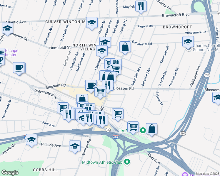 map of restaurants, bars, coffee shops, grocery stores, and more near Blossom Rd & Winton Rd N in Rochester