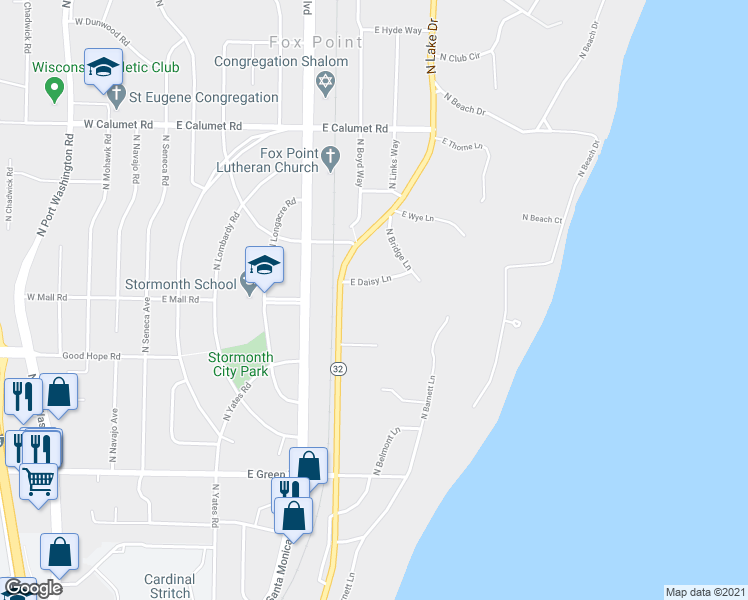 map of restaurants, bars, coffee shops, grocery stores, and more near 721 East Daisy Lane in Fox Point