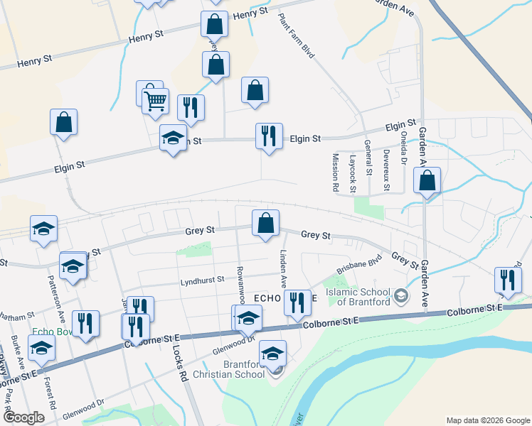 map of restaurants, bars, coffee shops, grocery stores, and more near in Brantford
