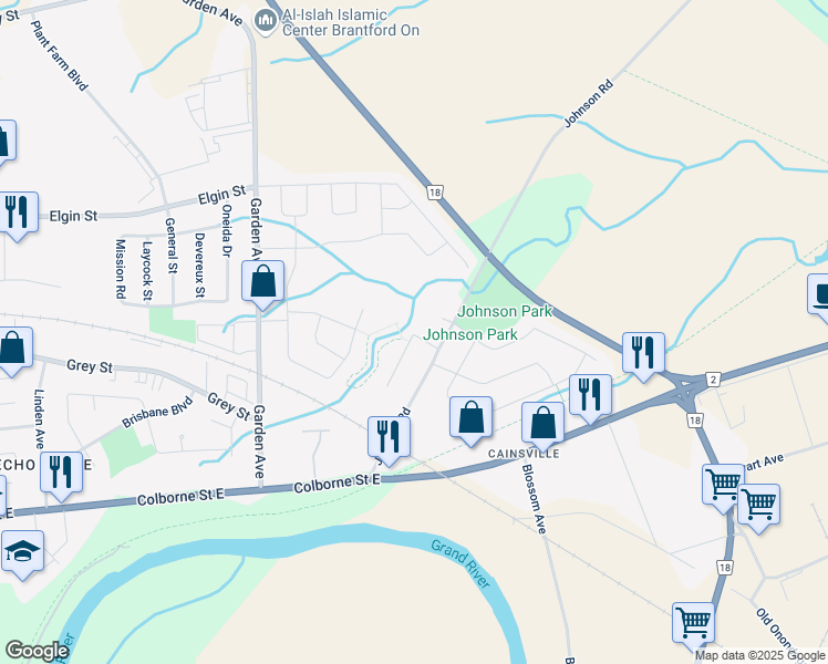 map of restaurants, bars, coffee shops, grocery stores, and more near Davidson Court in Brantford