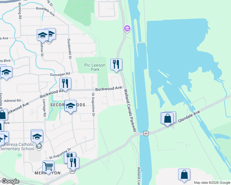 map of restaurants, bars, coffee shops, grocery stores, and more near 56 Colonel Lyall Street in St. Catharines