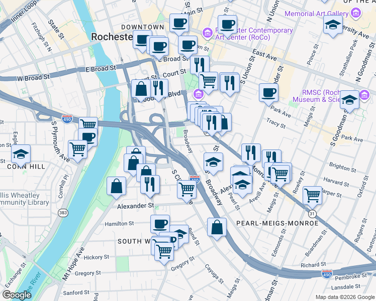 map of restaurants, bars, coffee shops, grocery stores, and more near 355 Broadway in Rochester
