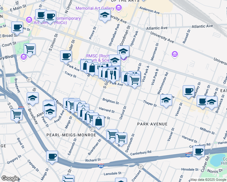 map of restaurants, bars, coffee shops, grocery stores, and more near 49 Harlem Street in Rochester