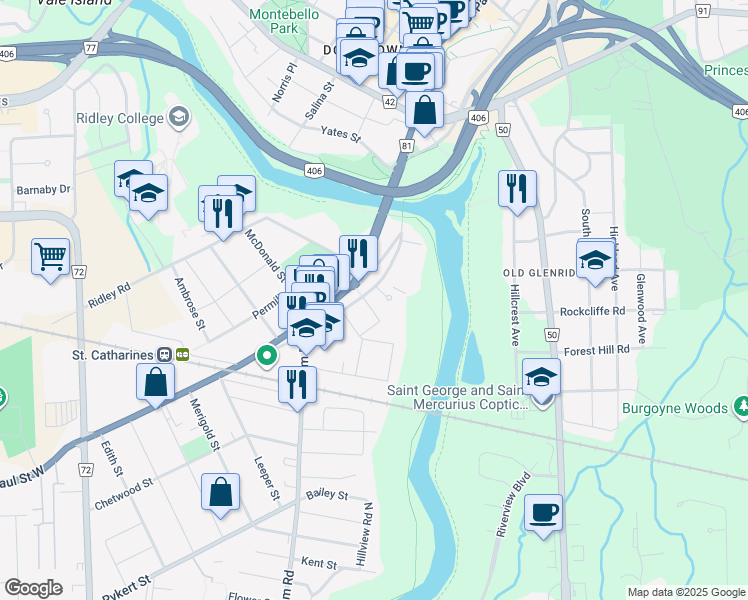 map of restaurants, bars, coffee shops, grocery stores, and more near 5 Bellevue Terrace in St. Catharines