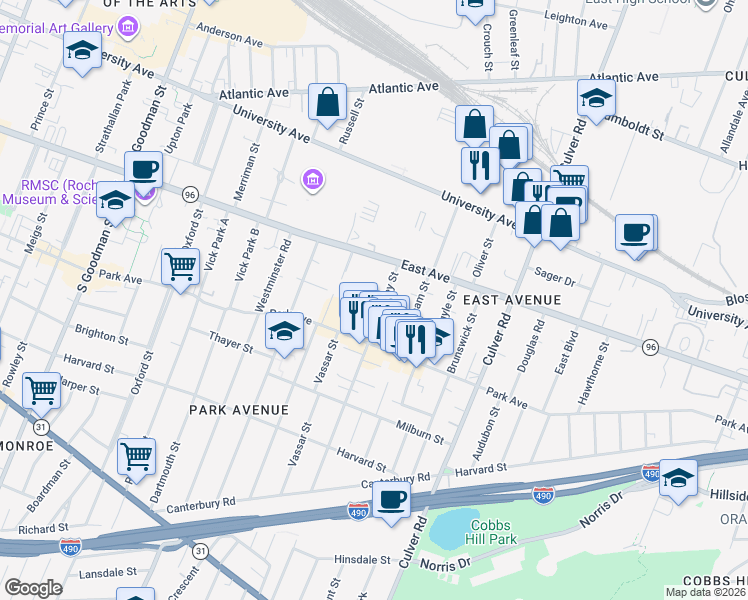 map of restaurants, bars, coffee shops, grocery stores, and more near 80 Berkeley Street in Rochester