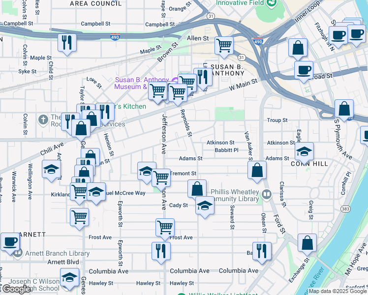 map of restaurants, bars, coffee shops, grocery stores, and more near 298 Adams Street in Rochester