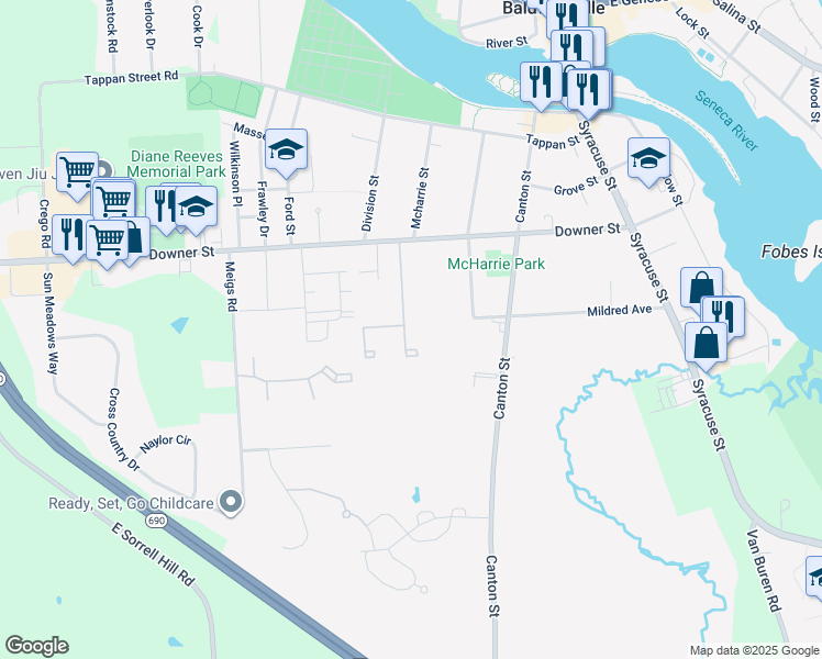 map of restaurants, bars, coffee shops, grocery stores, and more near 911 Conifer Drive in Baldwinsville