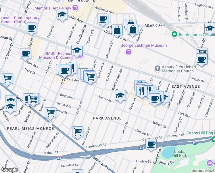 map of restaurants, bars, coffee shops, grocery stores, and more near 139 Westminster Road in Rochester