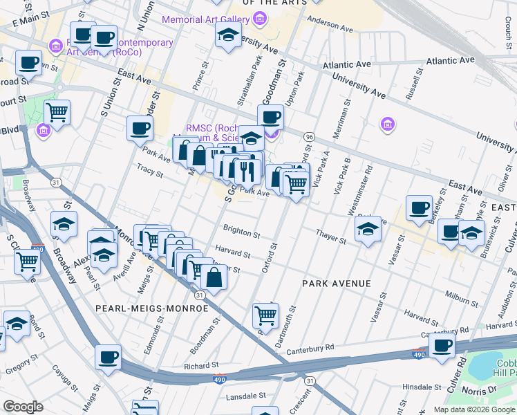 map of restaurants, bars, coffee shops, grocery stores, and more near 49 Harlem Street in Rochester