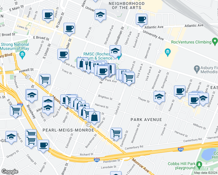 map of restaurants, bars, coffee shops, grocery stores, and more near 49 Harlem Street in Rochester