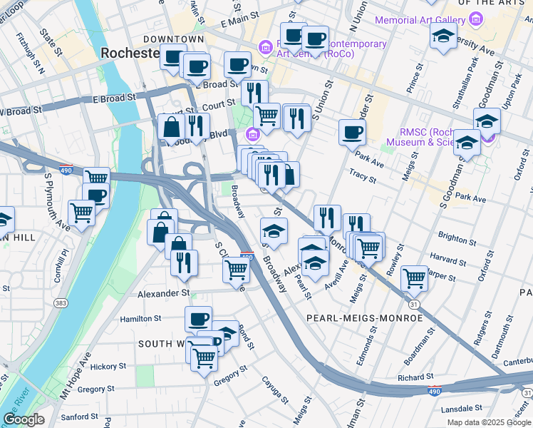 map of restaurants, bars, coffee shops, grocery stores, and more near 39 Pearl Street in Rochester