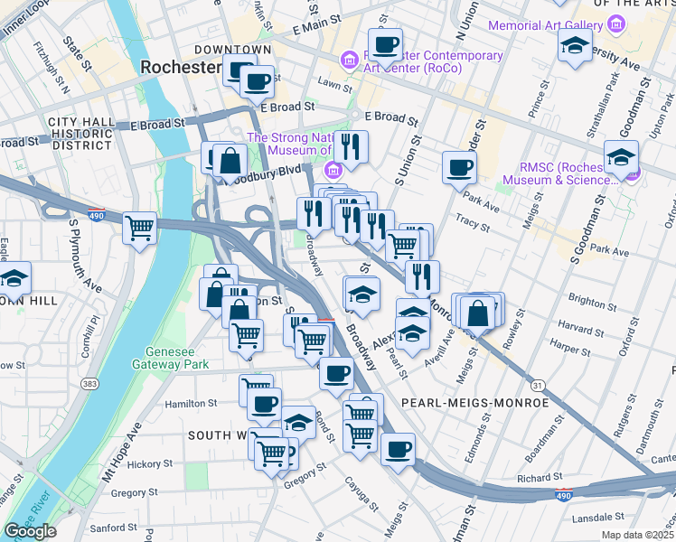 map of restaurants, bars, coffee shops, grocery stores, and more near 39 Pearl Street in Rochester