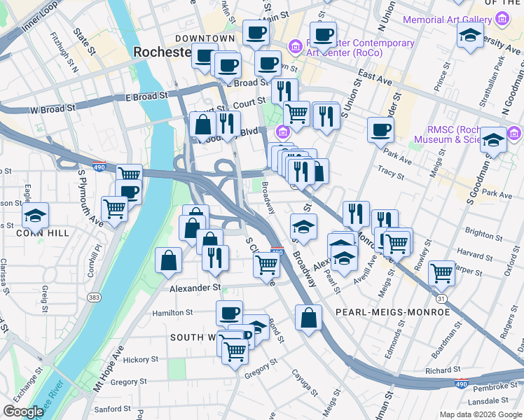 map of restaurants, bars, coffee shops, grocery stores, and more near 379 Broadway in Rochester