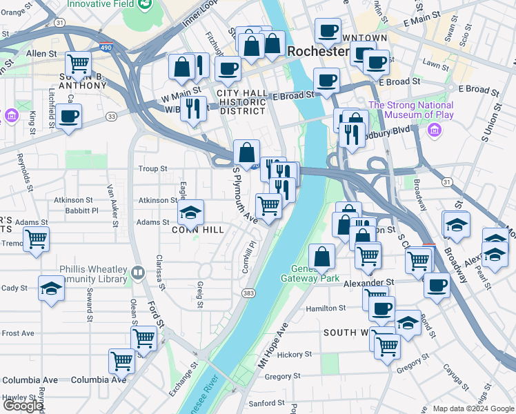 map of restaurants, bars, coffee shops, grocery stores, and more near in Rochester