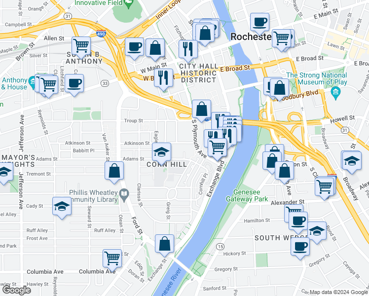 map of restaurants, bars, coffee shops, grocery stores, and more near 20 Cornhill Terrace in Rochester