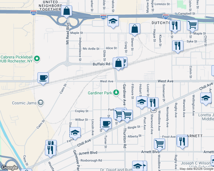 map of restaurants, bars, coffee shops, grocery stores, and more near 45 Depew Street in Rochester