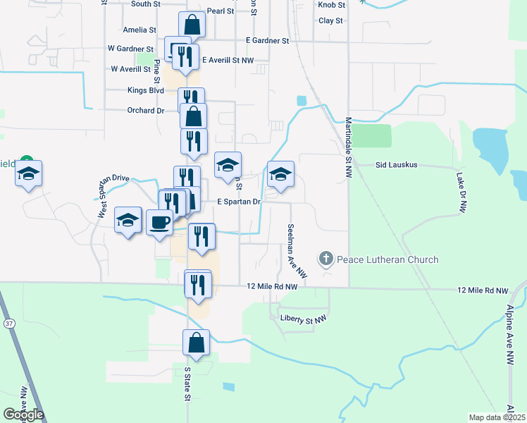 map of restaurants, bars, coffee shops, grocery stores, and more near 531 Donna Street Northwest in Sparta