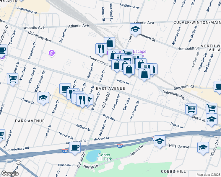 map of restaurants, bars, coffee shops, grocery stores, and more near East Ave & Culver Rd in Rochester