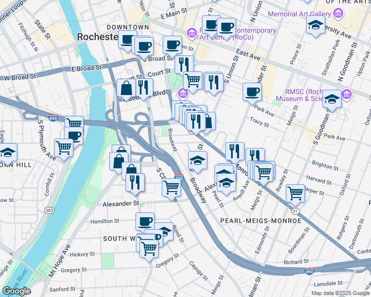 map of restaurants, bars, coffee shops, grocery stores, and more near 15 Pearl Street in Rochester