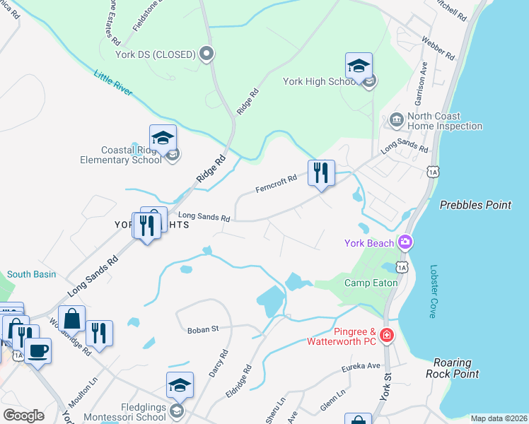 map of restaurants, bars, coffee shops, grocery stores, and more near 203 Long Sands Road in York