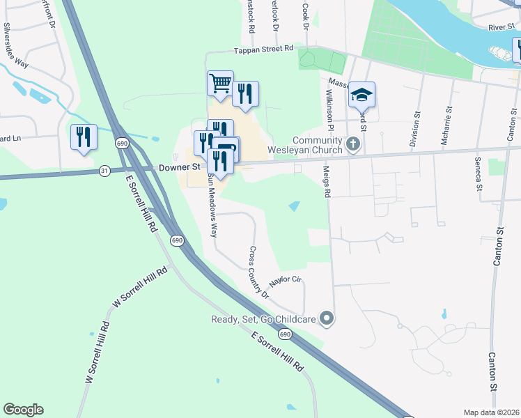 map of restaurants, bars, coffee shops, grocery stores, and more near 18 Cross Country Drive in Baldwinsville