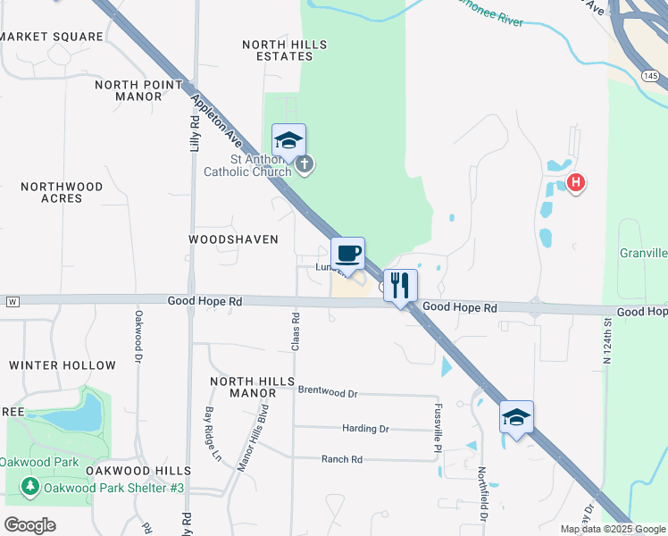 map of restaurants, bars, coffee shops, grocery stores, and more near N72W13435 Lund Circle in Menomonee Falls