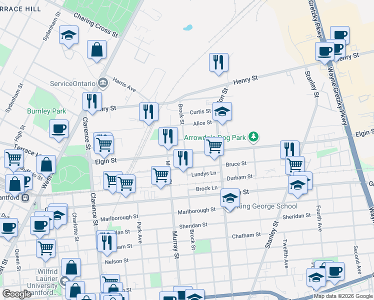 map of restaurants, bars, coffee shops, grocery stores, and more near 130 Elgin Street in Brantford