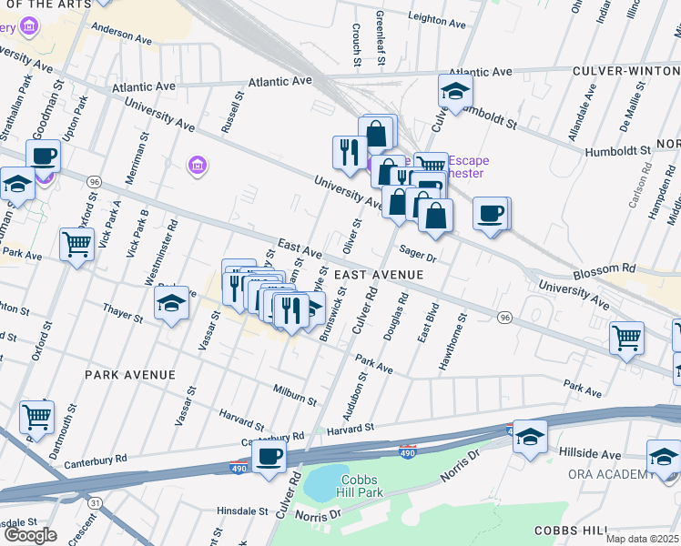 map of restaurants, bars, coffee shops, grocery stores, and more near 1163 East Avenue in Rochester