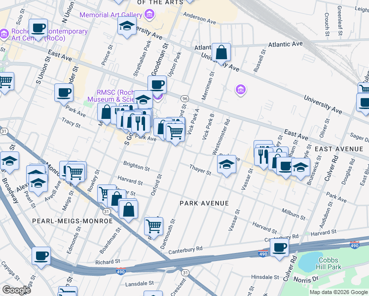 map of restaurants, bars, coffee shops, grocery stores, and more near Park Ave & Rutgers St in Rochester