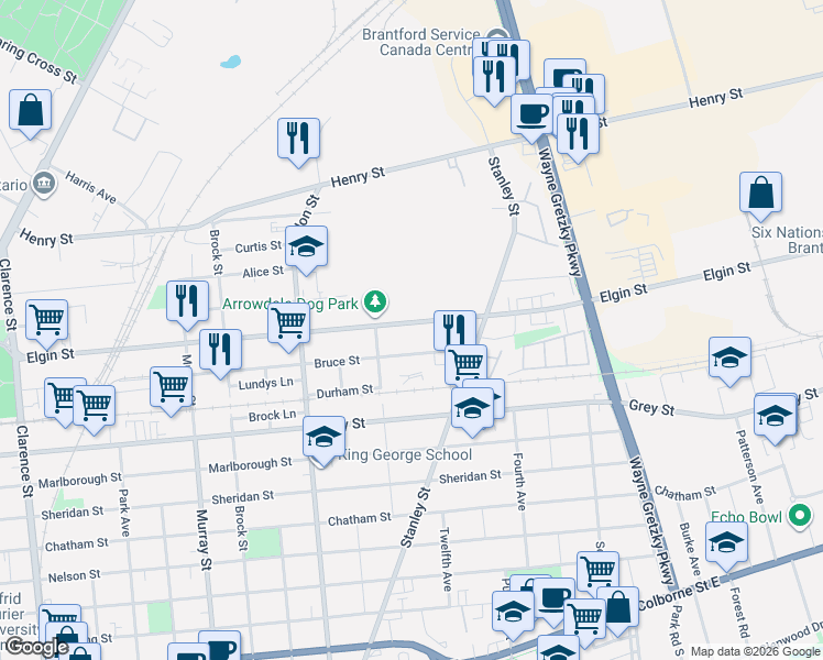 map of restaurants, bars, coffee shops, grocery stores, and more near 235 Elgin Street in Brantford