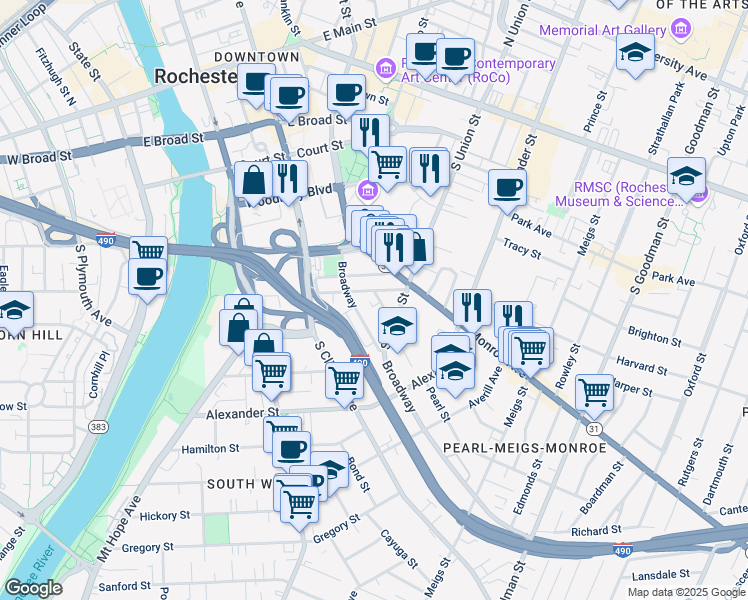 map of restaurants, bars, coffee shops, grocery stores, and more near 13 Pearl Street in Rochester