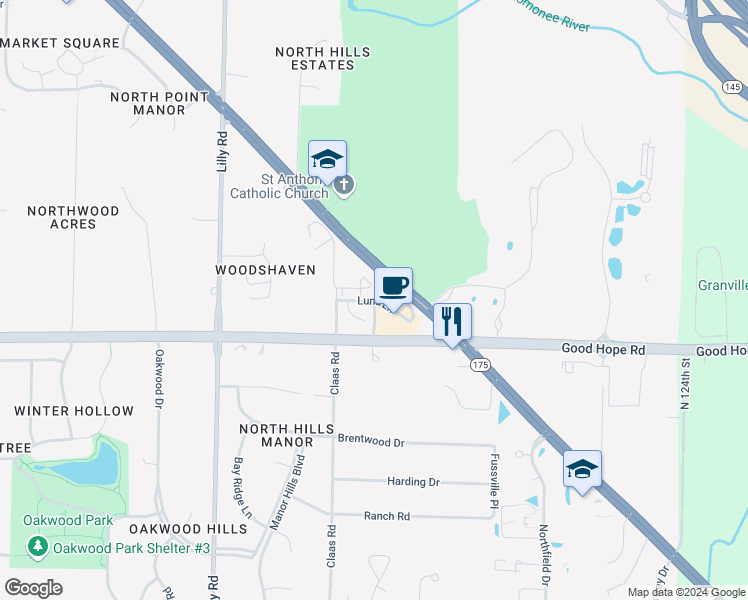 map of restaurants, bars, coffee shops, grocery stores, and more near Lund Lane in Menomonee Falls