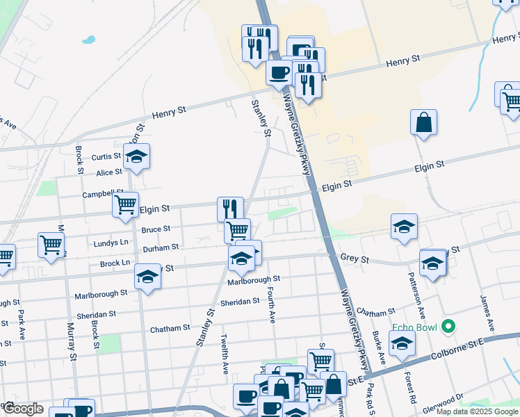 map of restaurants, bars, coffee shops, grocery stores, and more near 273 Elgin Street in Brantford