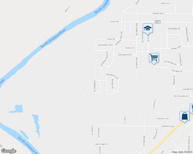 map of restaurants, bars, coffee shops, grocery stores, and more near 660 Callahan Drive in Roseburg