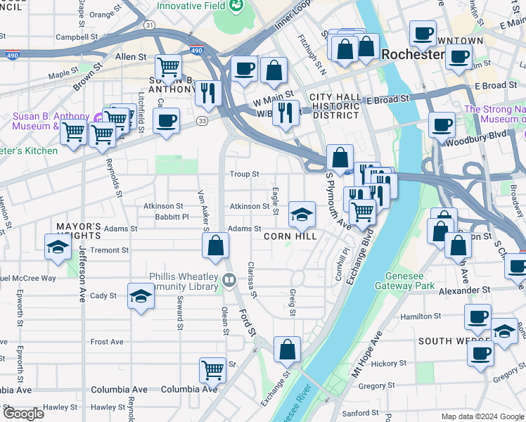 map of restaurants, bars, coffee shops, grocery stores, and more near 98 Adams Street in Rochester