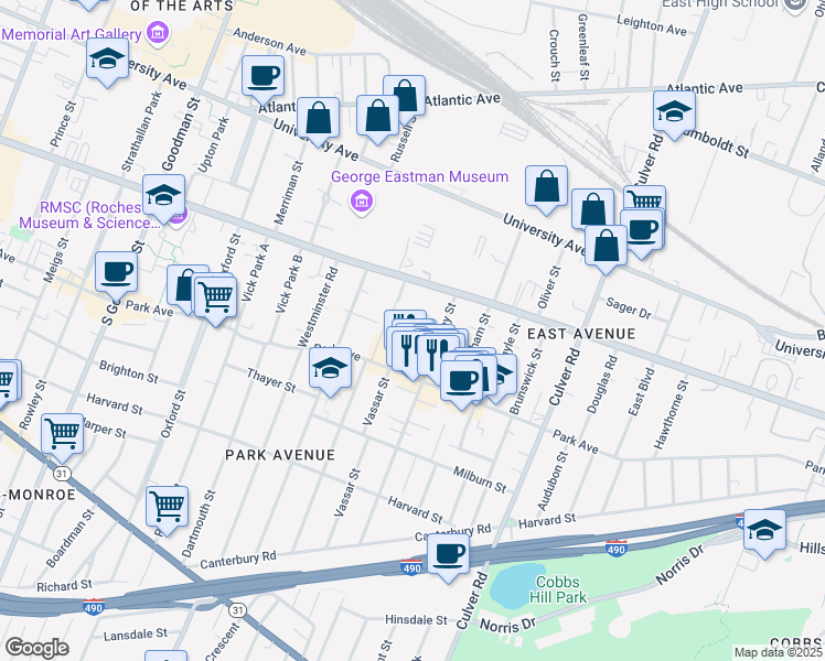 map of restaurants, bars, coffee shops, grocery stores, and more near 636 Park Avenue in Rochester