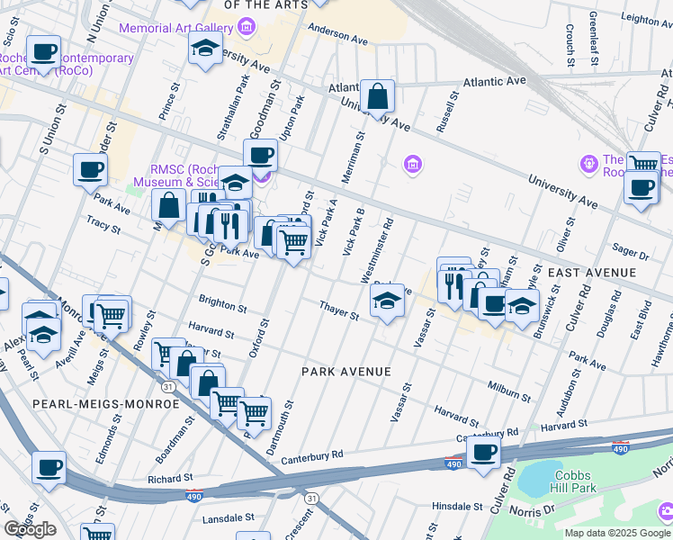 map of restaurants, bars, coffee shops, grocery stores, and more near 429 Park Avenue in Rochester