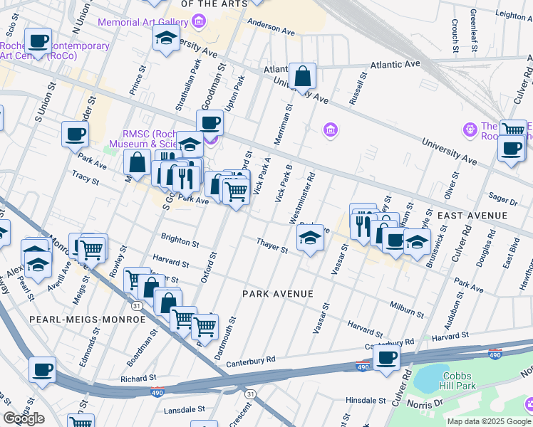 map of restaurants, bars, coffee shops, grocery stores, and more near 429 Park Avenue in Rochester