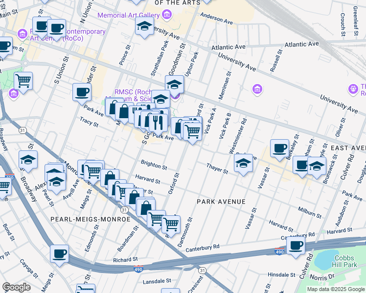map of restaurants, bars, coffee shops, grocery stores, and more near 333 Oxford Street in Rochester