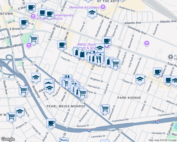 map of restaurants, bars, coffee shops, grocery stores, and more near 224 South Goodman Street in Rochester
