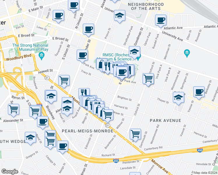 map of restaurants, bars, coffee shops, grocery stores, and more near 24 Rowley Street in Rochester